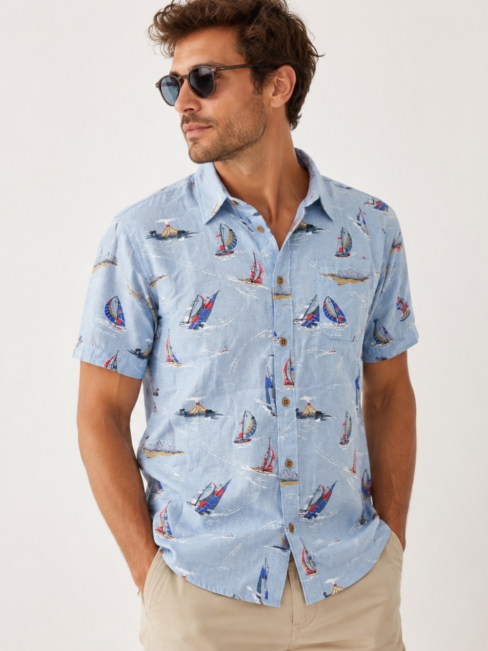 Vans Light Blue Sailboat-Print Short Sleeve Button-Down Shirt - Large